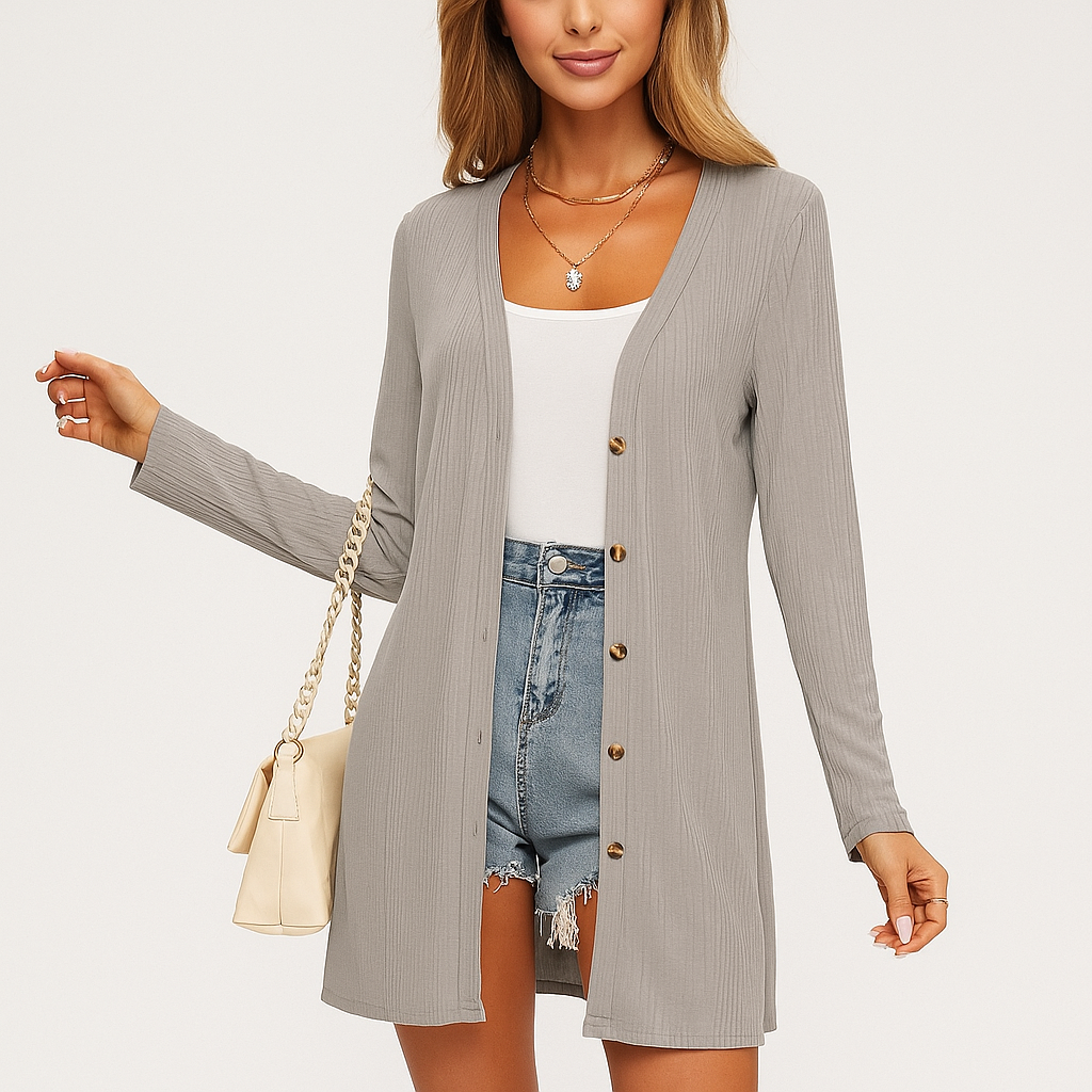 Dame Langærmet Cardigan - Knapdetaljer - Struktureret Design