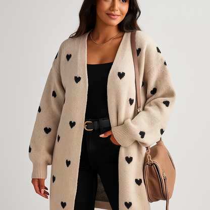Smuk Lang Strikcardigan - Hjerte Detalje - Komfortabel & Stilfuld