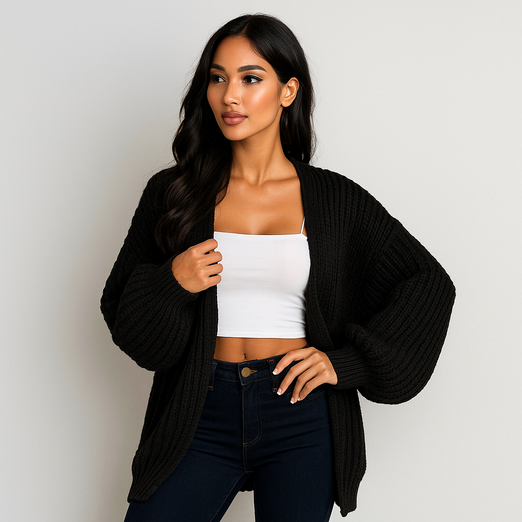 Dame Grovstrikket Cardigan - Voluminøse Ærmer - Åben Snitføring