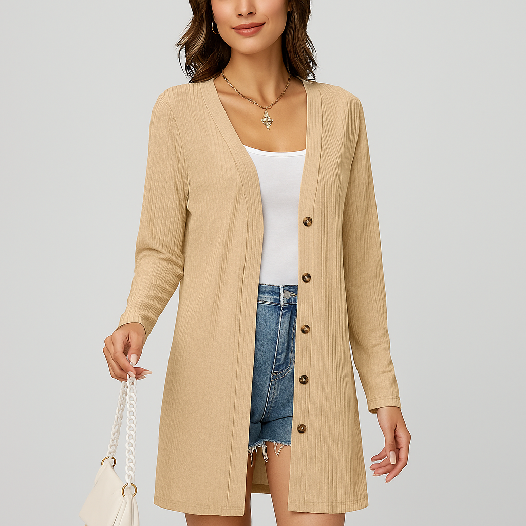 Dame Langærmet Cardigan - Knapdetaljer - Struktureret Design