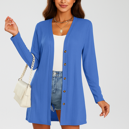 Dame Langærmet Cardigan - Knapdetaljer - Struktureret Design