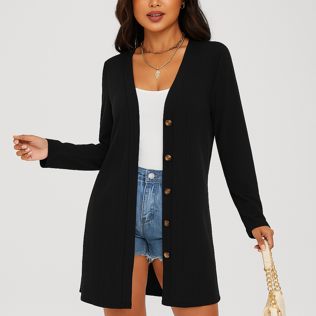 Dame Langærmet Cardigan - Knapdetaljer - Struktureret Design