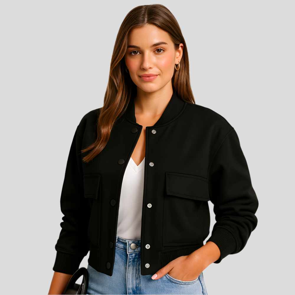 Kort pilotjakke til kvinder - lommer med klap - trykknaplukning