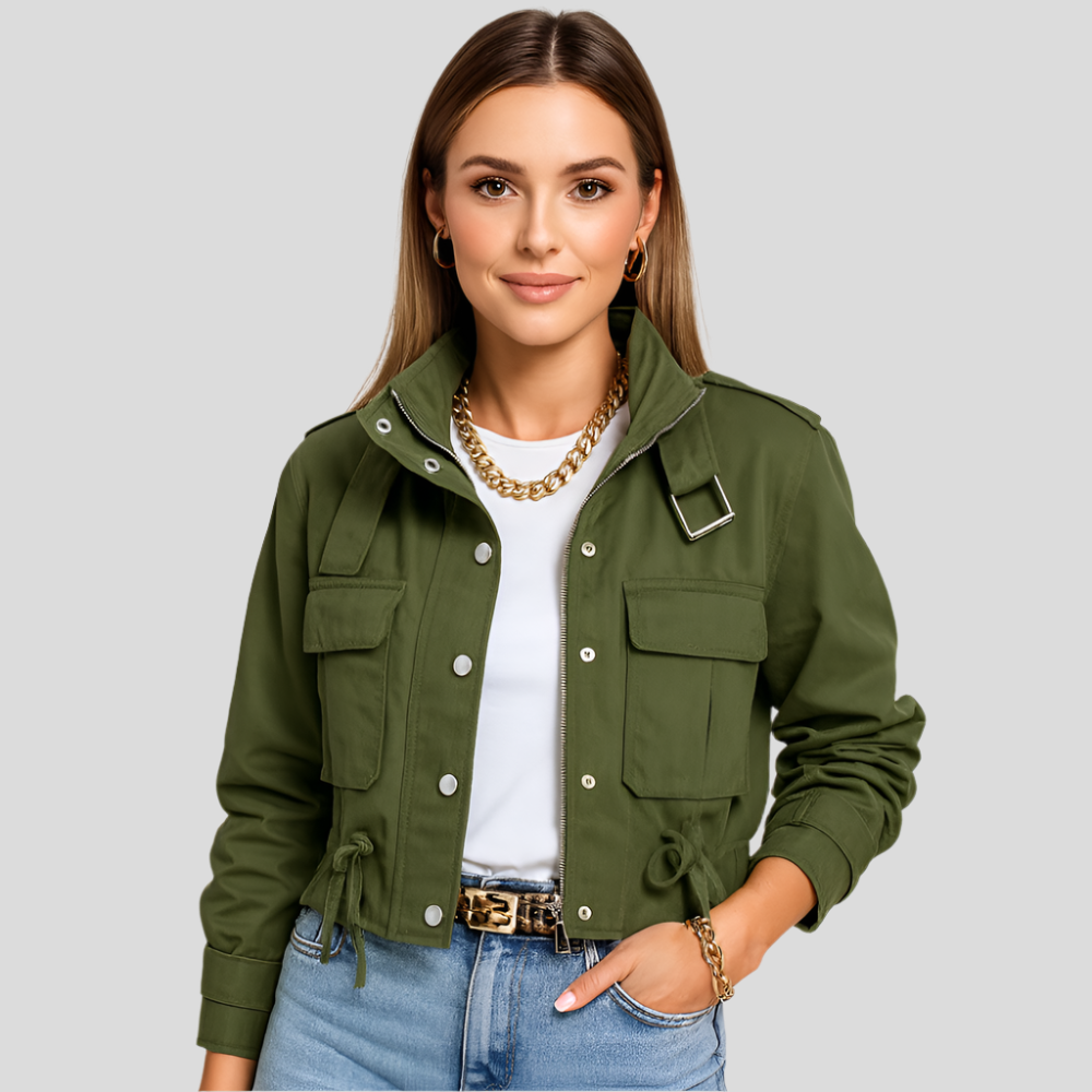 Korte flyverjakke til kvinder - Elegant lynlås - Ribkant