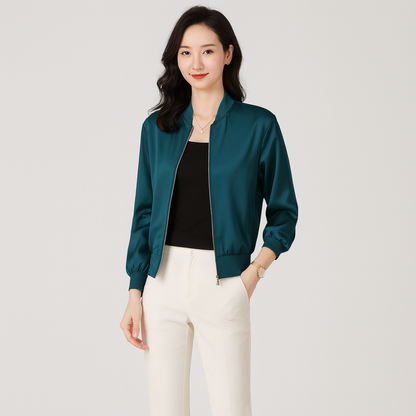 Satin Flyverjakke Kvinder – Løs Pasform – Lynlås – Året Rundt Stil