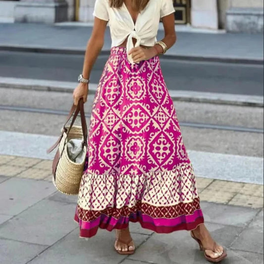 Lara - Bohemian Maxi-Nederdel - Print & Elastisk Talje Lonella