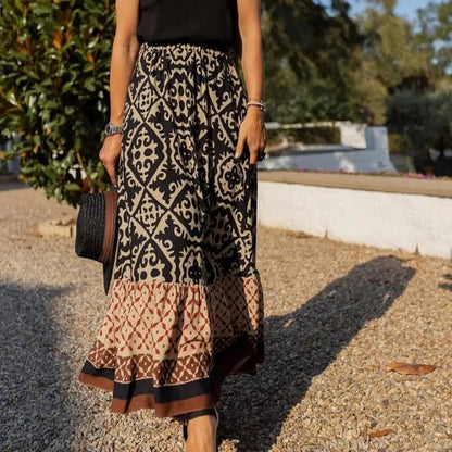 Lara - Bohemian Maxi-Nederdel - Print & Elastisk Talje Lonella