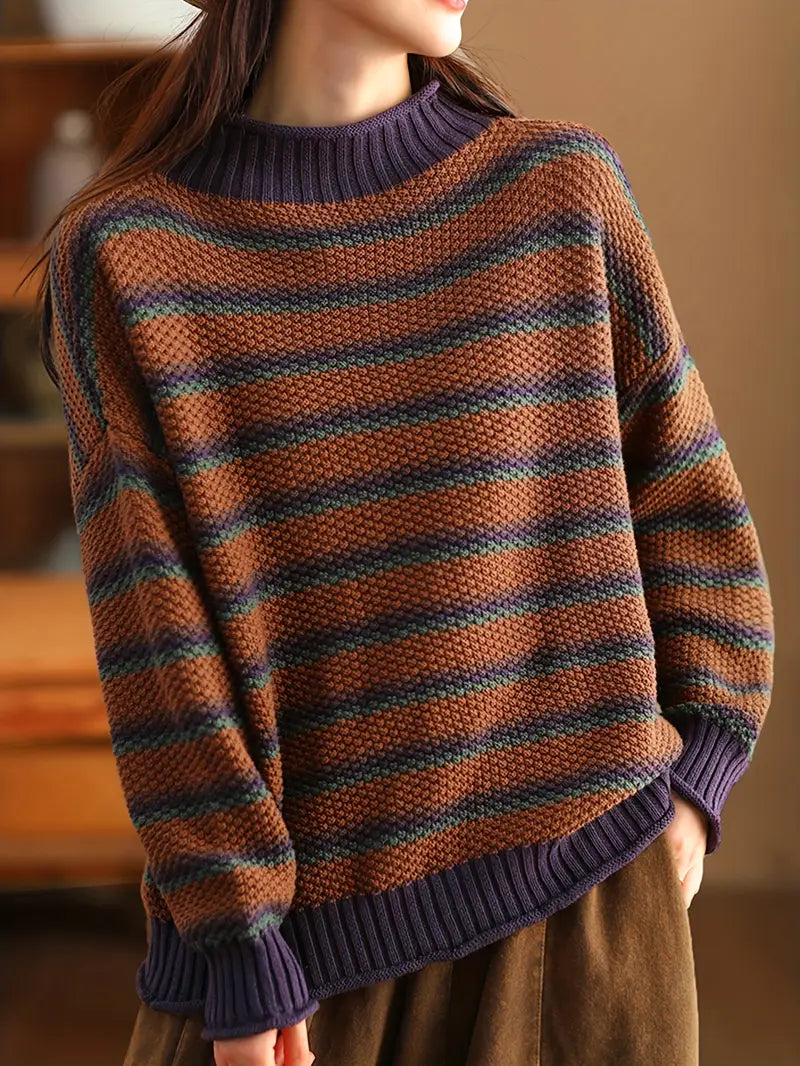 Stribet sweater i chunky strik til kvinder - hyggelig pullover i retrostil